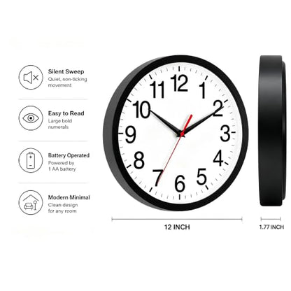 Wall Clock Analog 12 Inch Black Battery Operated Silent Clock | Easy To Read, Non Ticking, Round, Accurate, Kitchen, Living Room, Classroom, Office, School - color: A_black, size: 12 Inch