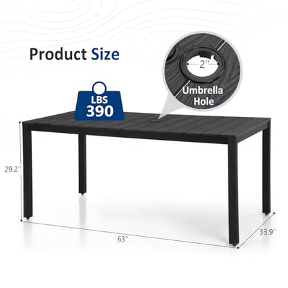 Outdoor Dining Table, Weatherproof 63" Rectangle HIPS Patio Dining Table for 6, with 2" Umbrella Hole, Outdoor Table for Backyard Deck Poolside, Black - size: 63" table