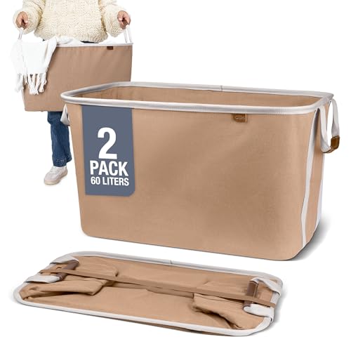 CleverMade Collapsible Laundry Basket LUXE, 60L Pop-Up Hamper 2 Pack, Mocha | Elevate Open-Room Laundry Storage | Cotton-Blend Fabric and Vegan Leather Add Polish, While Each Basket Holds 55 lb - color: Mocha Cream
