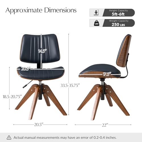 HULALA HOME Faux Leather Home Office Desk Chair No Wheels, Navy | Mid-Century Modern Desk Chair with Wood Legs, 360° Swivel Computer Task Chair with Channel-Tufted Backrest, Height Adjustable - color: Navy