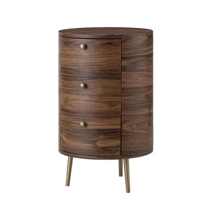 HULALA HOME Round End Table with 3 Storage Drawers, Mid Century Modern Sofa Side Table with Metal Legs, Farmhouse Wood Small Side Table for Living Room, Bedroom and Small Spaces, Walnut - color: Walnut