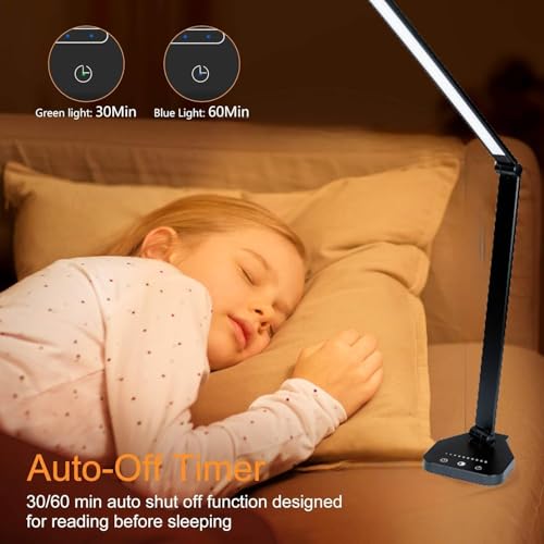 LED Desk Lamp Dimmable Table Lamp Reading Lamp with USB Charging Port, 5 Lighting Modes, Sensitive Control, 30/60 Minutes Timer (Black)