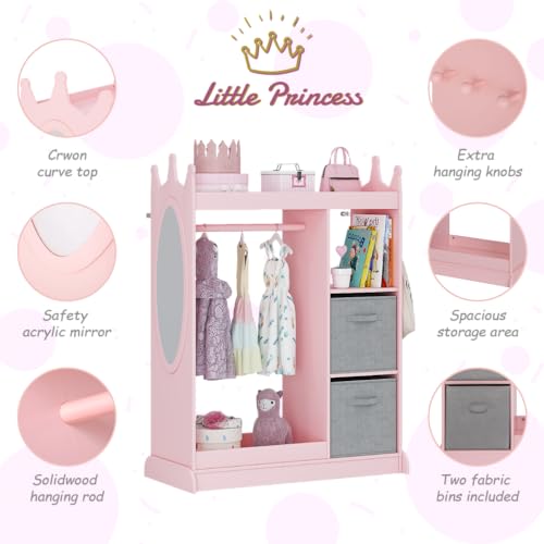 UTEX Kids Armoire Wardrobe Closet with Mirror and Storage Bin, Pink, 33.4 in W x 15.75 in D x 44.5 in H | See and Store Kids Wardrobe, Toddler Dress Up Rack, Open Hanging Armoire Closet, Water-based Paint, Princess Style - color: Pink