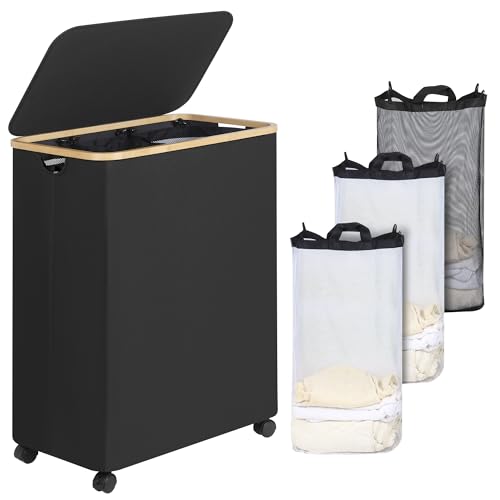 IEGrow Laundry Hamper with Lid,160L Laundry Basket with 3 Mesh Bags,Black | Dirty Clothes Hamper Basket with Bamboo Handle for Clothes Towels - color: Black, size: 160L