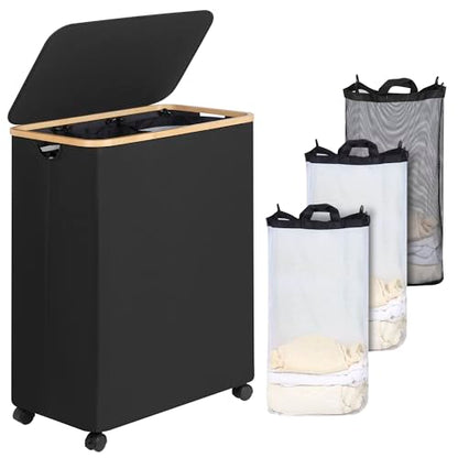 IEGrow Laundry Hamper with Lid,160L Laundry Basket with 3 Mesh Bags,Black | Dirty Clothes Hamper Basket with Bamboo Handle for Clothes Towels - color: Black, size: 160L