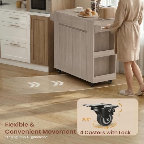 51'' Mobile Kitchen Island with Drop Leaf, Rolling Kitchen Cart with Drawrs & Storage Cabinet on Wheels, Portable Island Table with Spice Rack & Towel Rack for Dining Room, White Oak Gray