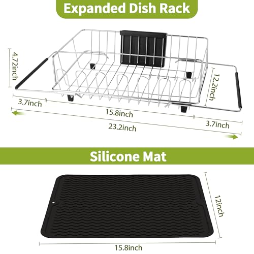 in Sink Expandable Dish Drying Rack with Silicone Mat-Extra Large Stainless Steel Dish Drainer Over The Sink with Utensil Holder, Applicable for Sink Width 16'-22' (Silver,23.2'*12.2') - color: Silver, size: In sink,Large