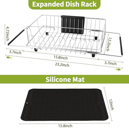 in Sink Expandable Dish Drying Rack with Silicone Mat-Extra Large Stainless Steel Dish Drainer Over The Sink with Utensil Holder, Applicable for Sink Width 16'-22' (Silver,23.2'*12.2') - color: Silver, size: In sink,Large