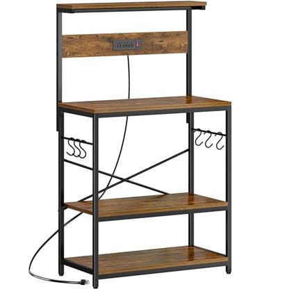 SUPERJARE Bakers Rack with Power Outlets, Microwave Stand, 31.5 X 16.5 Inch Larger Desktop, Kitchen Storage Rack with Adjustable Middle Shelf, 6 S-Shaped Hooks, Coffee Bar Stand, Rustic Brown - color: Rustic Brown, size: 31.5 inch