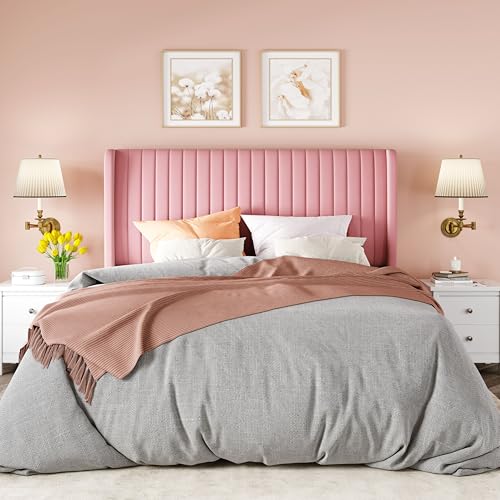Allewie Full Size Velvet Bed Frame/Vertical Channel Tufted Wingback Headboard/Upholstered Platform Bed/Strong Wooden Slats/No Box Spring Needed/Easy Assembly/Pink - color: Pink, size: Full