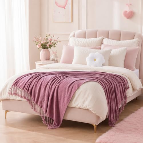 BATTILO HOME Pink Chenille Throw Blanket for Couch, Soft Cozy Textured Knit Throw Blanket with Handmade Fringe Tassels, Lightweight Decorative Farmhouse Blanket for Sofa Bed Chair, 50"x60" | Soft Chenille Knit with Handmade Fringe Tassels, Lightweight, Co