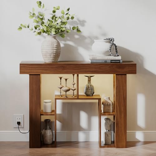 43.3" Console Table with Charging Station & USB-C Port, Behind Couch Sofa Table with LED Lights Narrow Entryway Table for Entrance Living Room Hallway Foyer, Walnut - color: Walnut