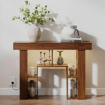43.3" Console Table with Charging Station & USB-C Port, Behind Couch Sofa Table with LED Lights Narrow Entryway Table for Entrance Living Room Hallway Foyer, Walnut - color: Walnut
