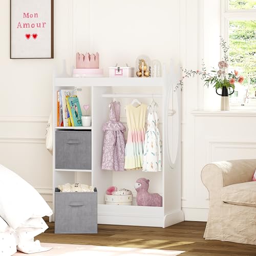 UTEX Kids Dress up Storage with Crown-Shaped Design and 2 Fabric Bins | See and Store Kids Wardrobe, Toddler Dress Up Rack, Open Hanging Armoire Closet, Water-based Paint, Princess Style - color: White