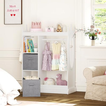 UTEX Kids Dress up Storage with Crown-Shaped Design and 2 Fabric Bins | See and Store Kids Wardrobe, Toddler Dress Up Rack, Open Hanging Armoire Closet, Water-based Paint, Princess Style - color: White