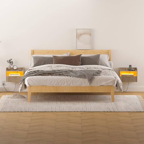 Veegle White Floating Nightstand with Charging Station and LED Lights (Grey) - color: Grey