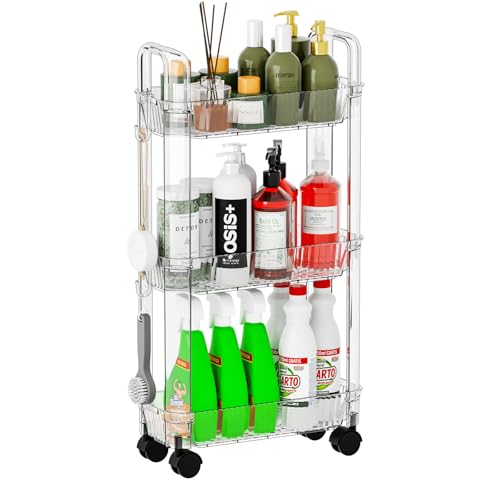 3 Tier Slim Rolling Storage Cart with Wheels for Small Space,Clear Modern Design Slim Utility Cart Suitable as Bathroom Cart Organizer Shelf,Skinny Bathroom Storage Rack,Narrow Laundry Cart on Wheels
