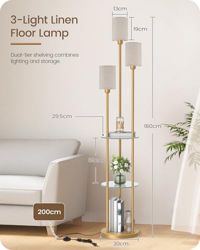 Floor Lamp with Shelves, Modern Floor Lamp with 3 Linen Shades and Foot Switch, 3-Light Standing Lamp, for Living Room, Bedroom, Study, Office, Gold and Beige ED53LD05 - color: Gold + Beige