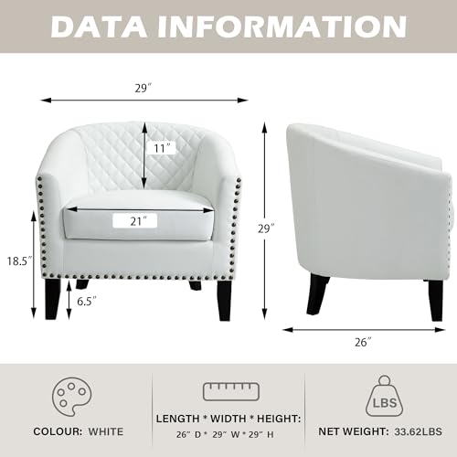 Faux Leather Accent Chair, Modern Barrel Club Chair, White | Comfy Upholstered Armchair for Living Room, Round Club Chair Single Sofa Bedroom Reading Seat | 26"D*29"W*29"H - color: White