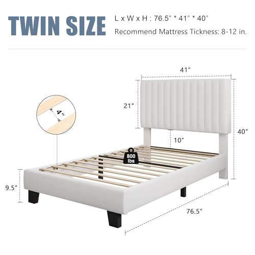 Einhomn Twin Size Bed Frame with Headboard, Upholstered Velvet Platform Bedframe with Solid Wooden Slats, Noise-Free, No Box Spring Needed, Easy Assembly, White - color: White, size: Twin