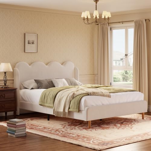 Garvee Twin Bed Frame for Kids, Upholstered Scalloped Wave Tall Headboard, Chenille Wingback Design, Wood Slat Support, No Box Spring Needed, Easy Assembly, Beige | Upholstered Scalloped Wave Tall Headboard, Wood Slat Support, No Box Spring Needed, Easy A