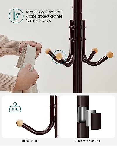 SONGMICS Coat Rack Freestanding, Metal Coat Rack Stand with 12 Hooks and 4 Legs, Holds Clothes, Hats, and Bags, for Entryway, Living Room, Bedroom, Brown URCR031Z01 | Coat Tree, Holds Clothes, Hats, and Bags, for Entryway, Living Room, Bedroom, Walnut Bro