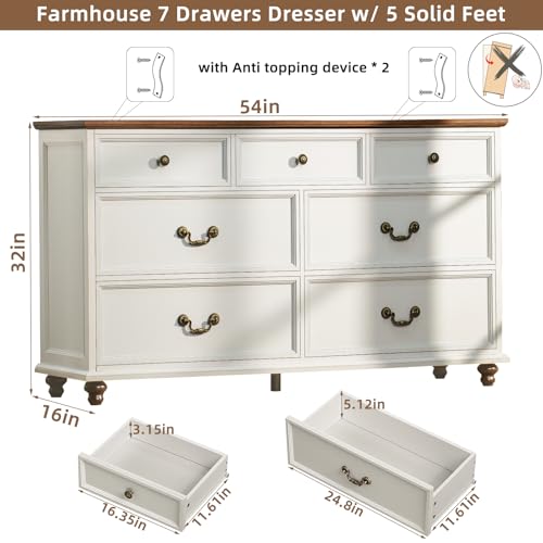 Joaxswe Farmhouse 54" 7 Drawers Dresser for Bedroom, White Wood Chest of Drawers w/ 4 Wooden Legs, Vintage Closet Storage Dressers Organizer for Hallway, Rustic Large TV Stand for Living Room, Foyer - color: Elegant White, size: 16"D x 54"W x 32"H (7 Draw