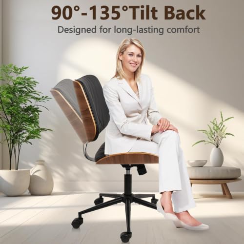CLATINA Armless Home Office Chair, Desk Chair with Wheels, Adjustable Height Reading Chair, Leather Mid Back & Swivel Computer Chair, Modern Walnut Chairs with Back for Studio Meeting Room(Black) - color: Black Diamond-a, size: 1 Pack