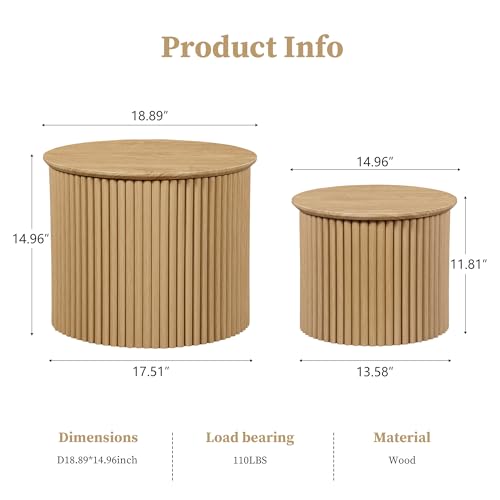 Round Nesting Coffee Table Set of 2, Small Fluted Coffee Table Circle Side Table, Boho Modern Wood Nesting Tables Farmhouse End Table Set for Living Room, Bedroom, Small Spaces(Natural) - color: Wood, size: Small-Fluted