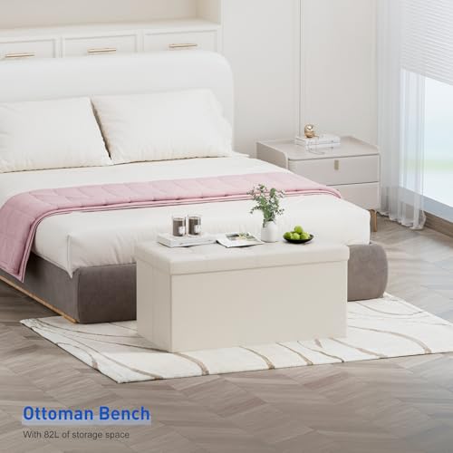 BRIAN & DANY 30 Inches Storage Ottoman Bench, Faux Leather Ottoman with Storage, Folding Bench Shoe, Foot Rest Stool, for Living Room, Beige - color: Leather-beige