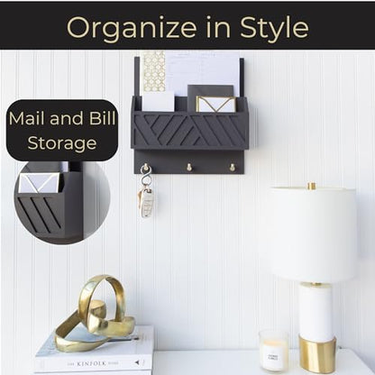 BLU MONACO | Wall-Mounted Mail and Key Holder in Grey Wood | Two-Tier Mail Organizer with Gold Hooks | Entryway Command Center for Home or Office - color: Gray