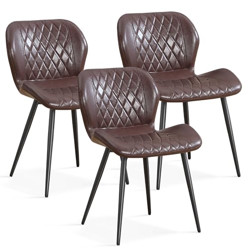 Dining Chairs Set of 3, Comfy Modern Dining Chairs with Thick Cushions, Upholstered Faux Leather Kitchen Side Chairs with Adjustable Metal Legs for Dining Room (Coffee) - color: Coffee, size: Set of 3