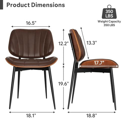 Dining Chairs Set of 2, Mid Century Modern Dining Room Chair, Upholstered Faux Leather Kitchen Chairs with Walnut Bentwood Back and Metal Legs for Kitchen Dining Living Room, Coffee - color: Coffee, size: Set of 2
