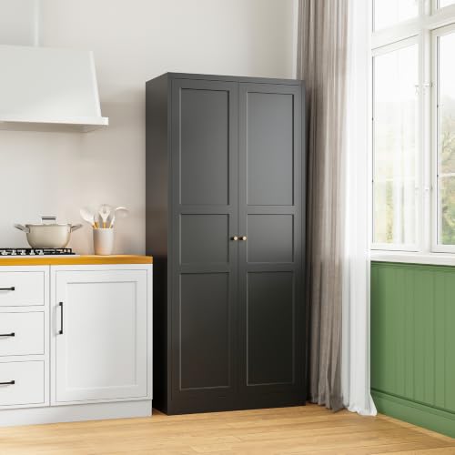 Black Storage Cabinet with Adjustable Shelves-Metal Home Kitchen Pantry Cabinets with Doors,Organization Locker for Cupboard/Bedroom/Dining/Living/Bathroom/Office/Garage Room - color: Black, size: 16"D x 32"W x 71"H-B