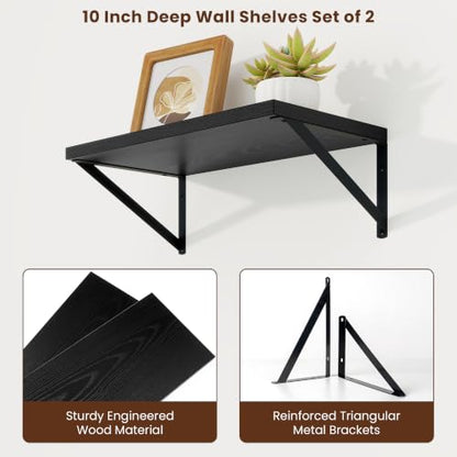 Deep Floating Shelves, 18'' x 10'' Black Wall Shelves Set of 2 | 10 Inch Deep Shelves with Heavy Duty Brackets, Rustic Wood Shelves for Bathroom Living Room, Engineered Wood, 30LBS - color: Black, size: 18W x 10D