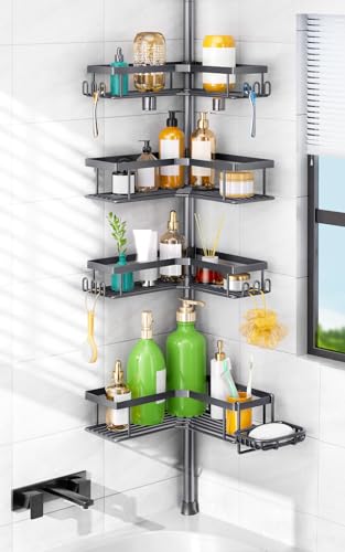 HAMITOR Corner Shower Caddy, 4-Tier Shampoo Shelf Tension Pole, 47-123 inch | Rustproof Bathroom Storage with Soap Holder, No-Drill, Adjustable, Space-Saving Bathtub Organizer For Family, Renters Gray - color: Gray