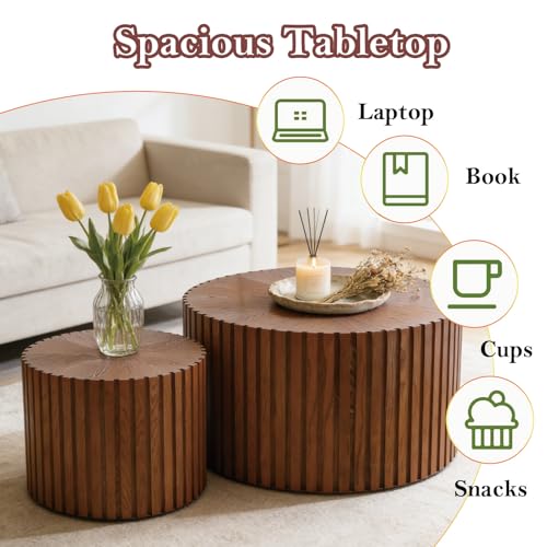 Handcraft Round Nesting Coffee Table (Brown 27.56+19.69in) | Chic Wave Stripe Edge, Modern Stylish Walnut Wooden Circle Fluted Center Table for Living Room - color: A Brown 27.56+19.69in