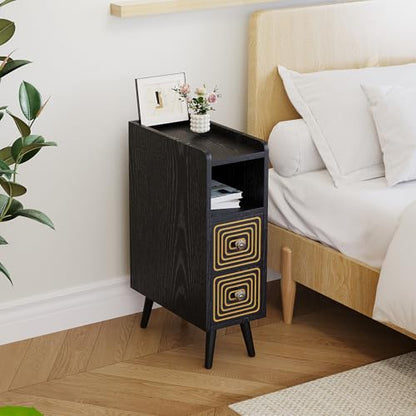 Nightstands Set of 2,Night Stand Bed Side Table with Storage Space,Wooden Bedside Table with Open Shelf,2 Drawers,End Table with Solid Wood Feet for Bedroom,College Dorm,Entryway (Black) - color: Black