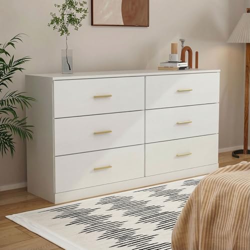 Modern White 6 Drawer Dresser with Gold Handles, 47" Chest of Drawers for Bedroom, Kids Room & Nursery, Wooden Storage Dresser for Girls Bedroom-1pc
