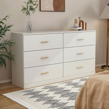 Modern White 6 Drawer Dresser with Gold Handles, 47" Chest of Drawers for Bedroom, Kids Room & Nursery, Wooden Storage Dresser for Girls Bedroom-1pc