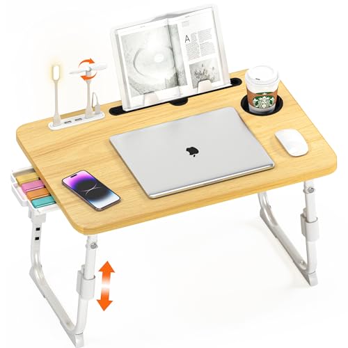 Lap Desk for Bed Adjustable Height with USB Port 23.6" x15.7" Desktop | Storage Drawer, Bookshelf, Fits 17" Laptop, For couch WFH Study, Foldable Non-Slip No Assembly Sturdy Lightweight Wood - color: Wood
