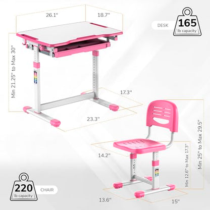 Mount-It! Kids Desk and Chair Set, Height Adjustable Sturdy, Girl Desk, Child Study Desk and Chair Set for Boys, Table for Art, Home School, Drafting, Ergonomic with Storage Drawer, Pink - color: Pink