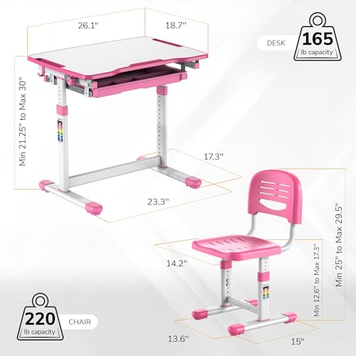Mount-It! Kids Desk and Chair Set, Height Adjustable Sturdy, Girl Desk, Child Study Desk and Chair Set for Boys, Table for Art, Home School, Drafting, Ergonomic with Storage Drawer, Pink - color: Pink