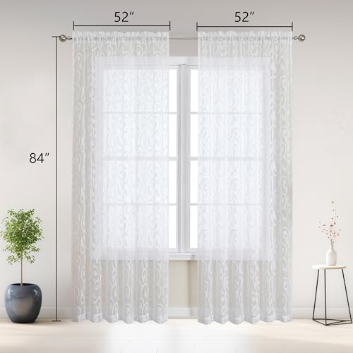 Furman Sheer White Curtains 84 inches Long for Bedroom Living Room 2 Panels Set, White Curtains Jacquard Clip Light Filtering Semi Sheer Curtain Rod Pocket Window Drapes, Each 52Wx84L inch - color: White, size: 52"W x 84"L (Pack of 2)