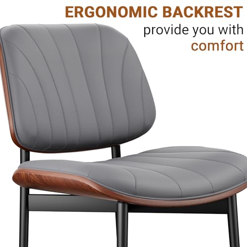 Dining Chairs Set of 2, Mid-Century Modern Upholstered PU Leather Chairs | with Walnut Back and Metal Legs Adjustable Feet for Kitchen Dining Room, Dark Gray Shell Strips - color: Dark Gray Shell Strips