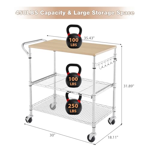 3 Tier Rolling Kitchen Cart with Wood Tabletop, Kitchen Island Carts with Wheels & Slider Shelf, Microwave Cart on Wheels, Coffee Cart with Hooks, 35.4" L*18.1" W*31.9" H，Wood+Chrome - size: 35.4"L*18.1"W*31.9"H with Slider Shelf