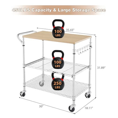 3 Tier Rolling Kitchen Cart with Wood Tabletop, Kitchen Island Carts with Wheels & Slider Shelf, Microwave Cart on Wheels, Coffee Cart with Hooks, 35.4" L*18.1" W*31.9" H，Wood+Chrome - size: 35.4"L*18.1"W*31.9"H with Slider Shelf
