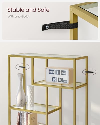VASAGLE Bookshelf, 6-Tier Tall Bookcase, Display Shelf, Plant Stand, 11.8 x 31.5 x 70.9 Inches, Tempered Glass, for Study, Office, Living Room, Bedroom, Kitchen, Metallic Gold ULGT502A01 - color: Metallic Gold, size: 6 Tiers (31.5"W x 70.9"H)