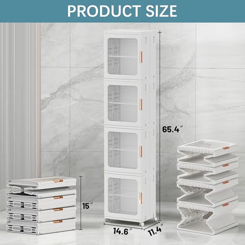 Tall Narrow Storage Cabinet, Plastic Organizer with Wheels, 4-Tier/White | Foldable Slim Cabinet for Bathroom, Kitchen, Laundry and Small Spaces, Adjustable Shelves & Magnetic Doors, Movable Wheels - size: 11.4"D x 14.6"W x 65.4"H