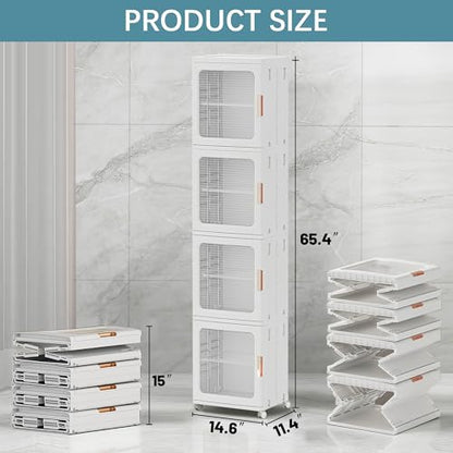 Tall Narrow Storage Cabinet, Plastic Organizer with Wheels, 4-Tier/White | Foldable Slim Cabinet for Bathroom, Kitchen, Laundry and Small Spaces, Adjustable Shelves & Magnetic Doors, Movable Wheels - size: 11.4"D x 14.6"W x 65.4"H
